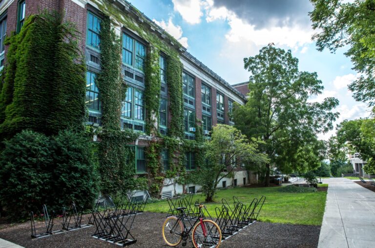 College campus with trees and brick building