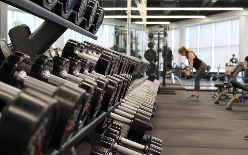 Row of dumbbells in a gym