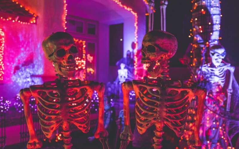 two skeletons in front of house with lights and other halloween decorations