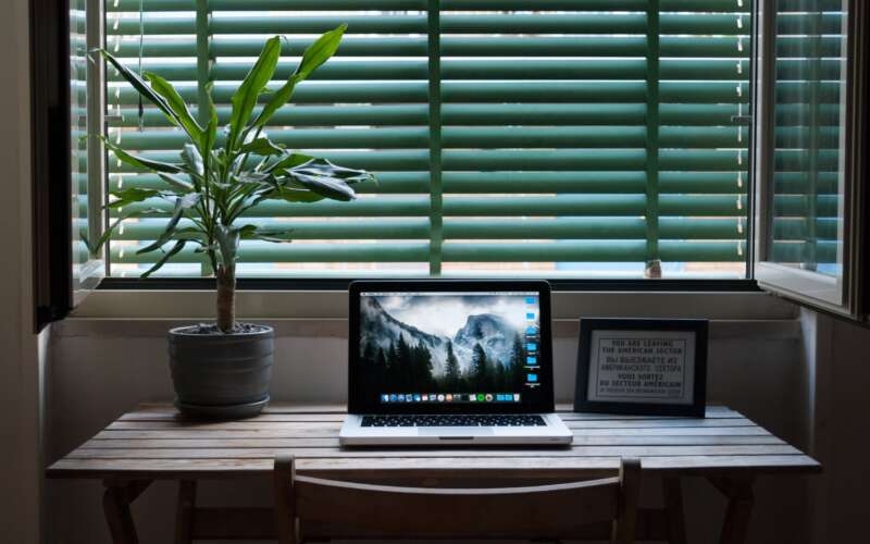 A laptop, plant, and picture frame sitting on a desk that's facing a window in a dark room