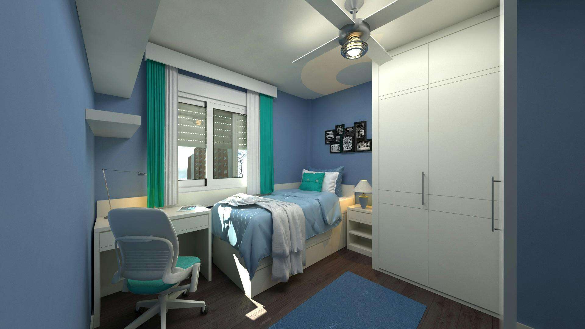 white closet, bed, and desk in a dorm room with blue walls