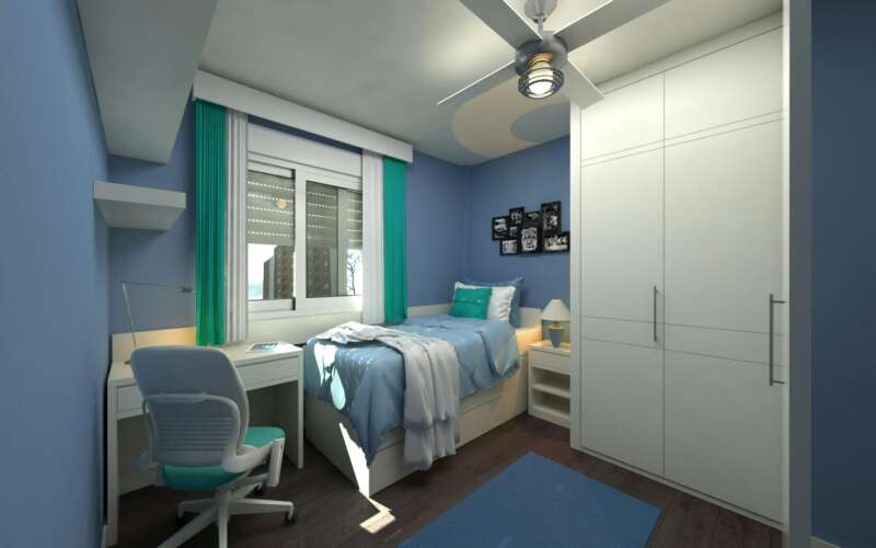 white closet, bed, and desk in a dorm room with blue walls