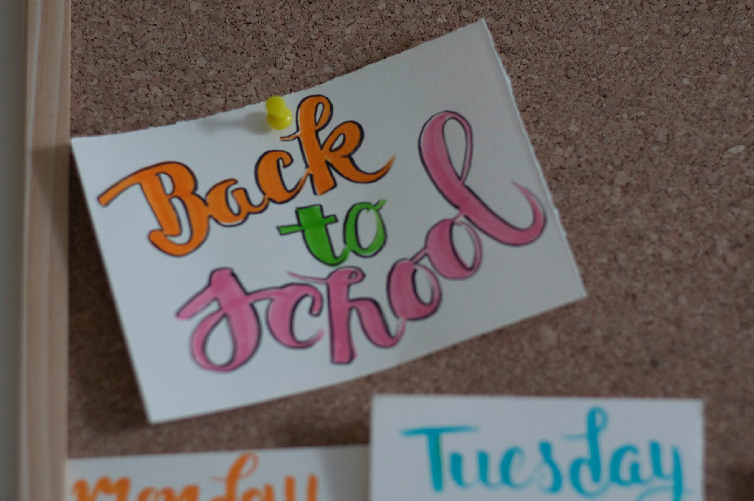 Cork board with a piece of paper tacked to it that says back to school