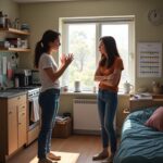 Two college roommates arguing in their dorm