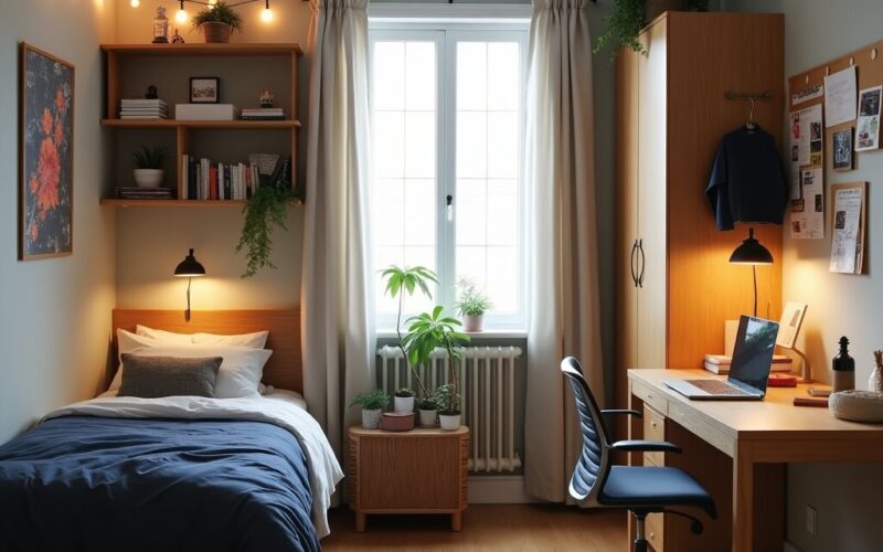 Cozy dorm room with bed on left and desk and closet on the left.