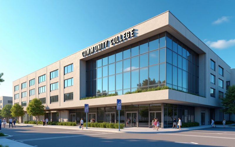 Modern looking community college building during the day
