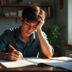 Guy looking stressed while studying for college exam
