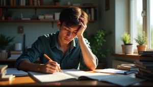 Guy looking stressed while studying for college exam