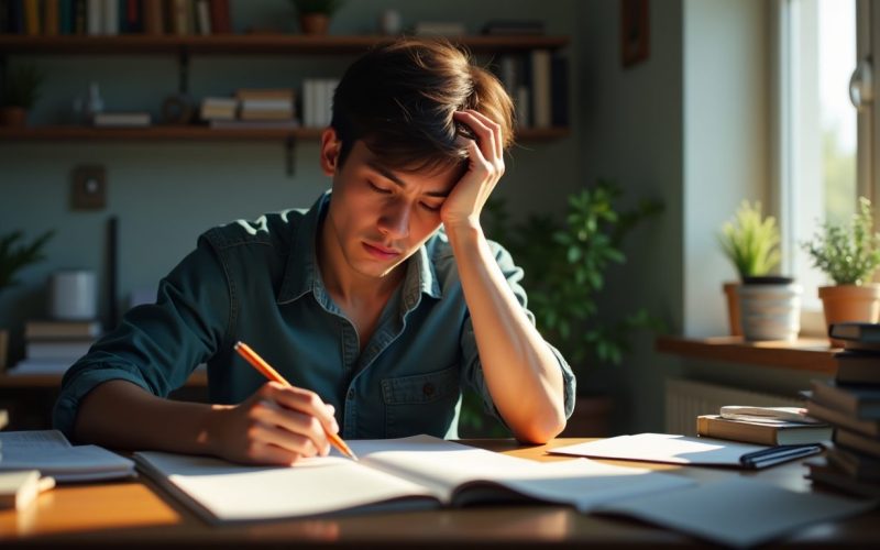 Guy looking stressed while studying for college exam