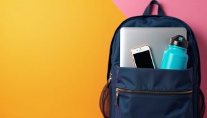 Dark blue college backpack up against a yellow wall with laptop, phone, and water bottle sticking out of it