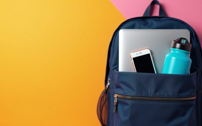 Dark blue college backpack up against a yellow wall with laptop, phone, and water bottle sticking out of it