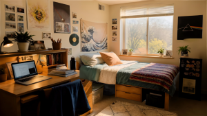 Guys dorm room with light coming in window
