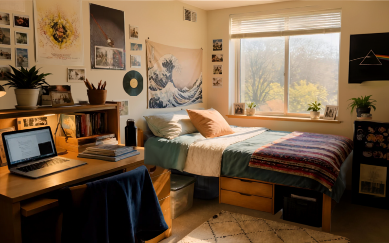 Guys dorm room with light coming in window
